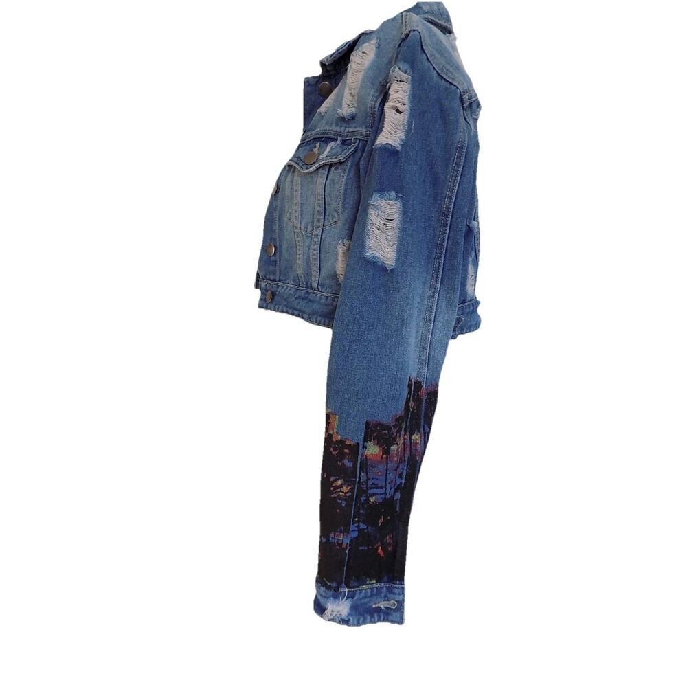 American Bazi denim jacket cropped distressed hand painted Hollywood size Small - Picture 3 of 11